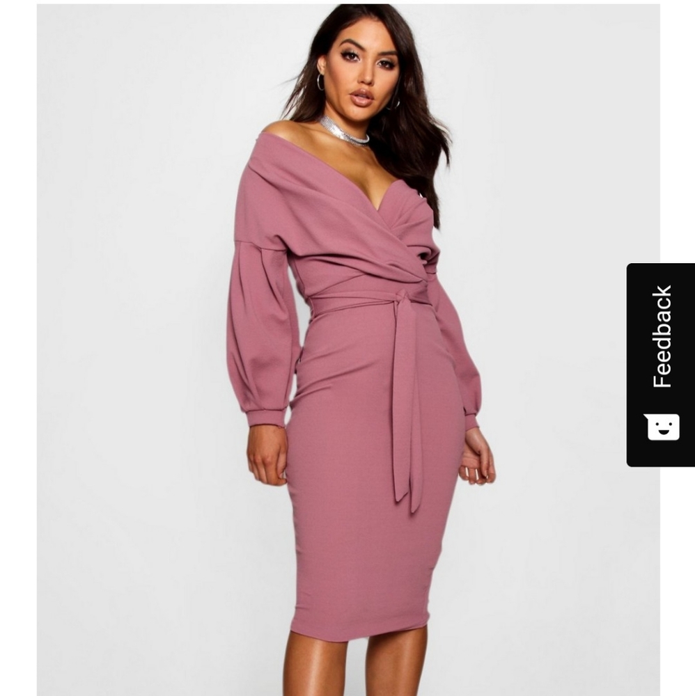 Mauve Off-the-Shoulder Faux Wrap Dress, size 20